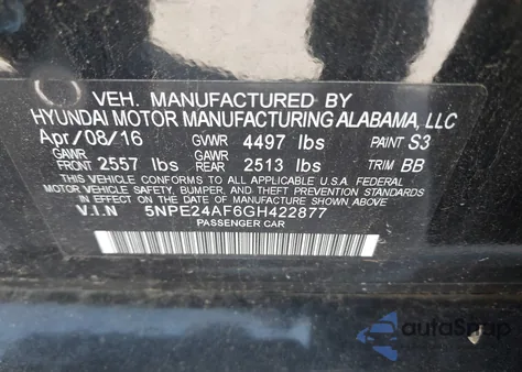 2016 Hyundai Sonata Se from USA, damaged, VIN 5NPE24AF6GH422877